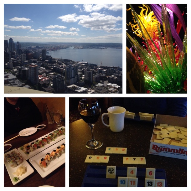 Seattle from the Space Needle, Chihuly blown glass, amazing sushi, and Rumikub